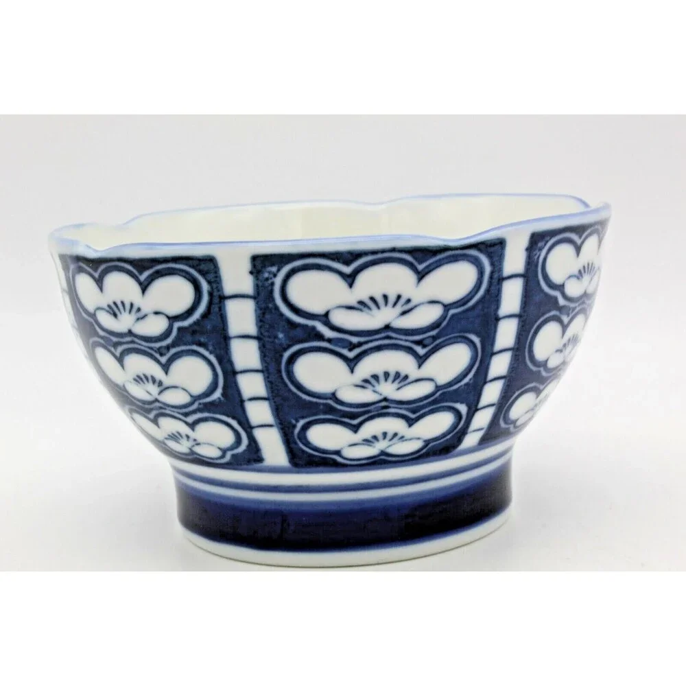 Rice Bowls Ume Japanese Porcelain Set of 4 Blue White Plum Blossom Vintage
